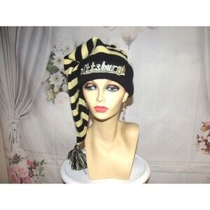 Pittsburgh long Knit Hat Yellow Black Knit with Embroidered Cuff and Pom pom